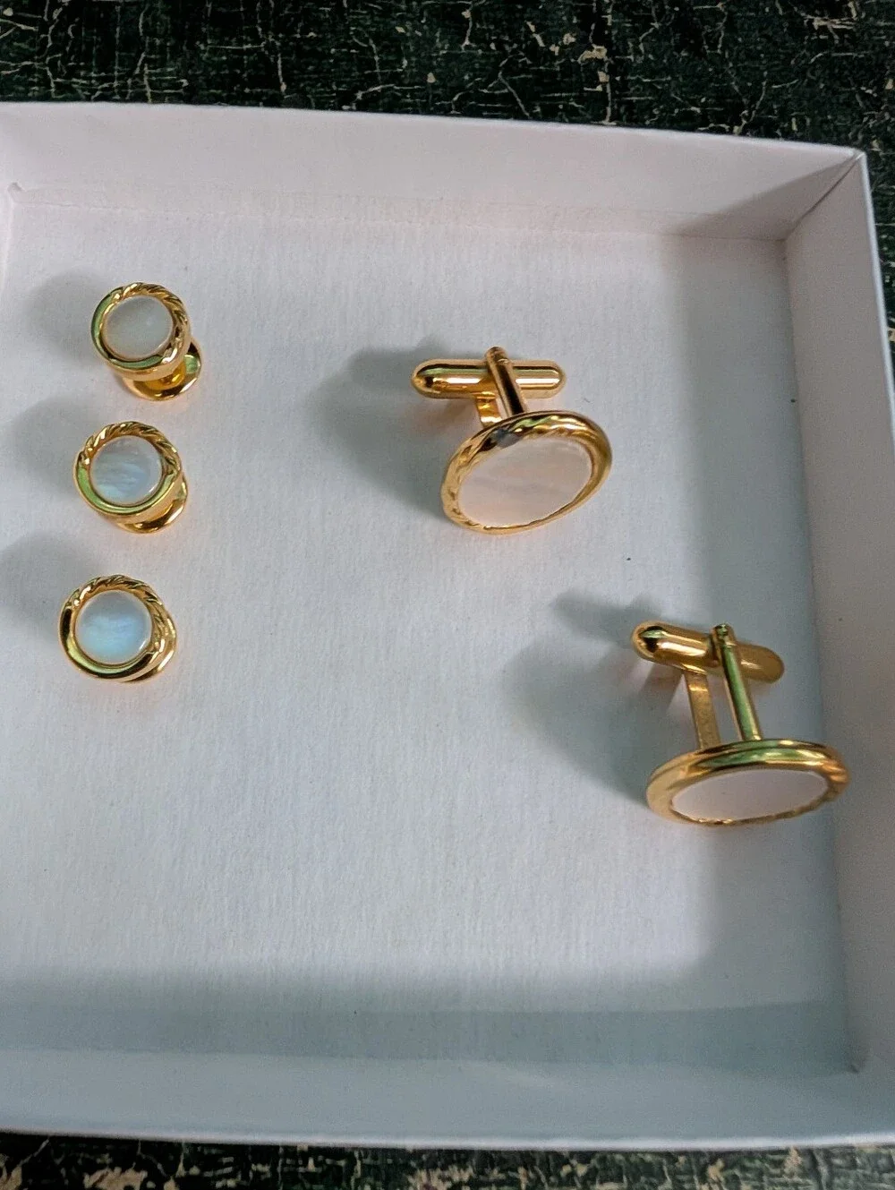 Vintage Gold-Tone Mother of Pearl Cufflinks And Tuxedo Button Set